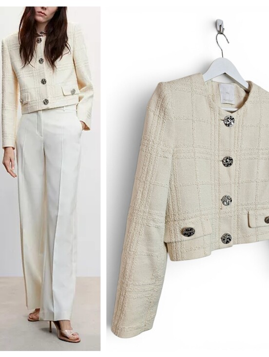 Mango Jackets & Blazers - Mango Checked Texture Jacket Women's XS Cropped Ecru Jeweled Button Boucle Lined